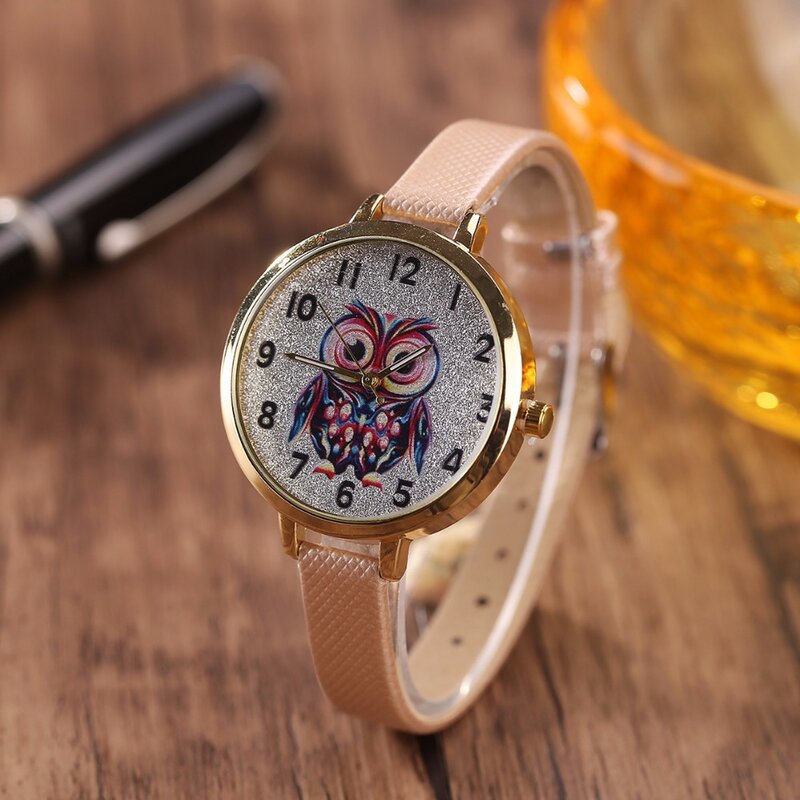 Relojes de pulsera de cuarzo para estudiantes con diseño de búho y correa de cuero para mujer MINHIN