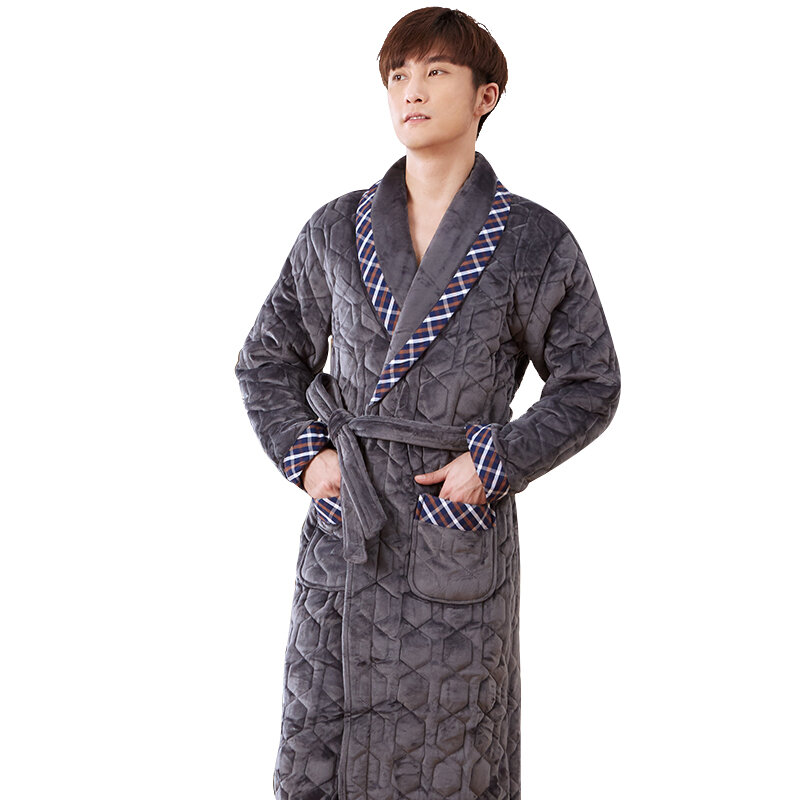 Albornoz de franela gruesa para Hombre, Kimono acolchado de 3 capas con costuras a cuadros, talla grande XXXL, para invierno