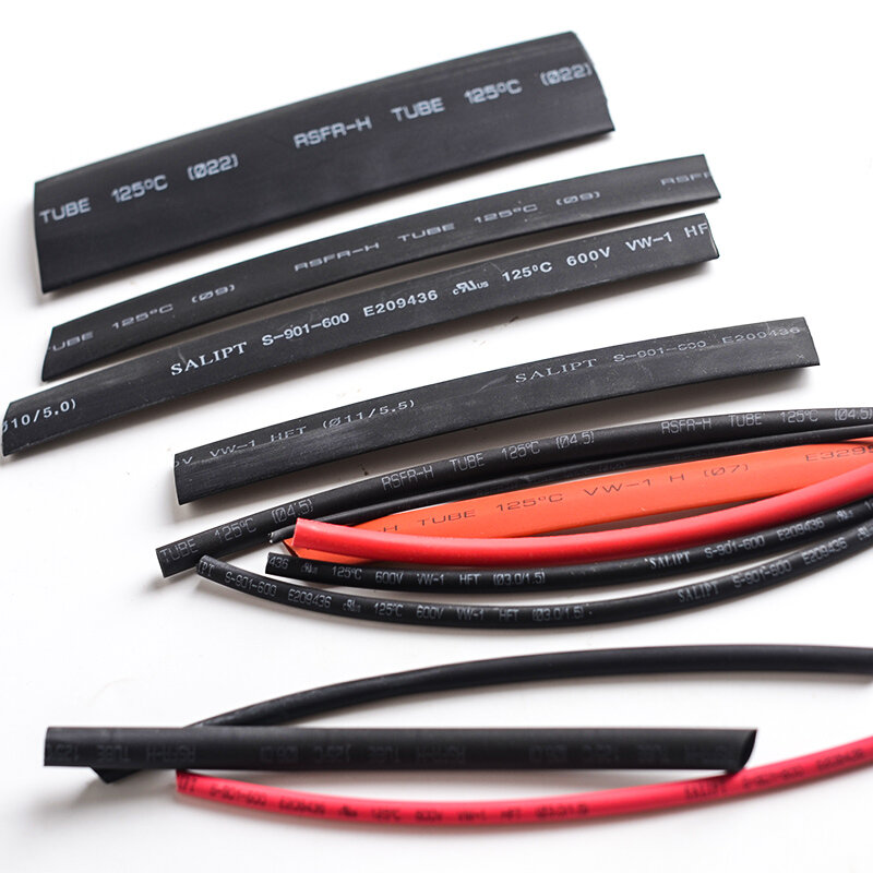 Kit de tubos termorretráctiles de 10 metros (5m, negro + 5m, rojo), Color rojo y negro, 1,5mm, 2mm, 3mm, 4mm, 5mm