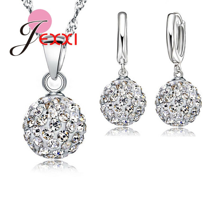 Conjunto de joyería de plata esterlina 925 para mujer, colgante de cristal austriaco con bola de discoteca, con palanca trasera, collar