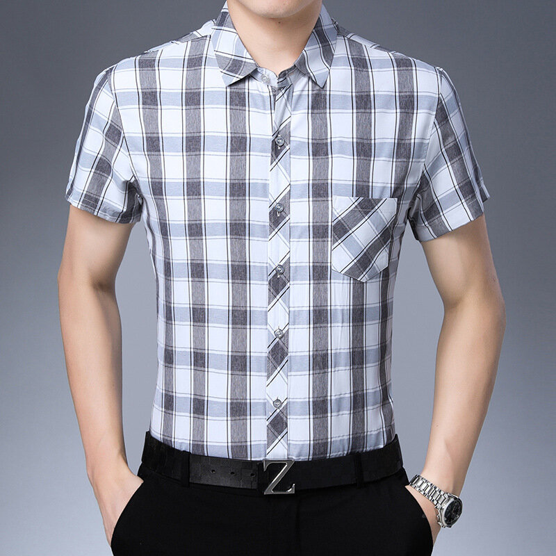 Camisa a cuadros de manga corta para hombre de verano de marca de cuello vuelto camisas formales para hombres ropa Casual vestido Camisa social Masculina