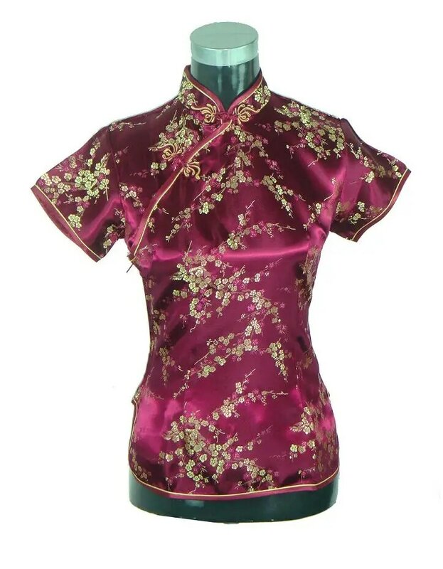 Bergaya Merah Muda Tradisional Cina Satin Sutra Blus Wanita Musim Panas Vintage Kemeja Tops Baru Bunga Pakaian S M L XL XXL WS012