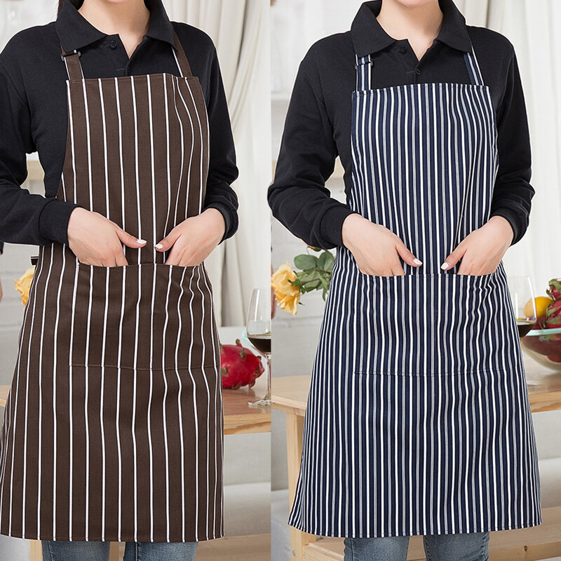 Novo preto cozinhar cozimento aventais avental ajustável sem mangas listra bib com bolsos halter bib delantal cozinha restaurante