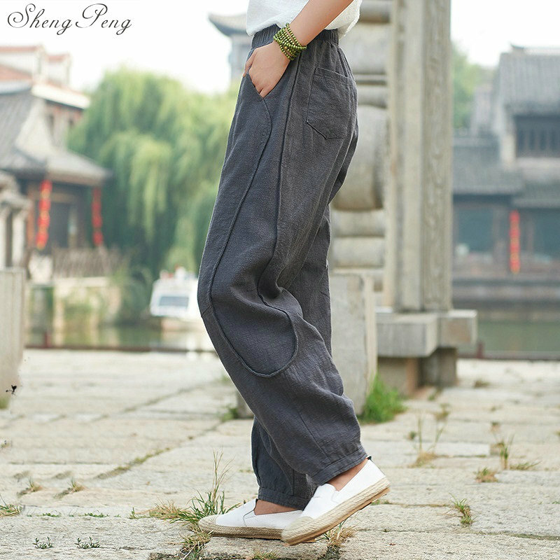 Женские свободные брюки, однотонные винтажные брюки из хлопка и льна с эластичной талией и карманами, полной длины, Q801, осень 2019