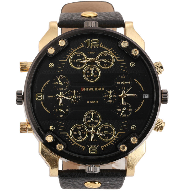 Shiweibao 남성용 멋진 쿼츠 시계, 고급 브랜드, 4 시간대 밀리터리 손목시계, 가죽 시계
