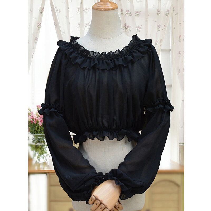 Camisa lolita de chiffon curta feminina, camisa gótica vitoriana e gótica para meninas, camisa casual e preta para primavera e verão