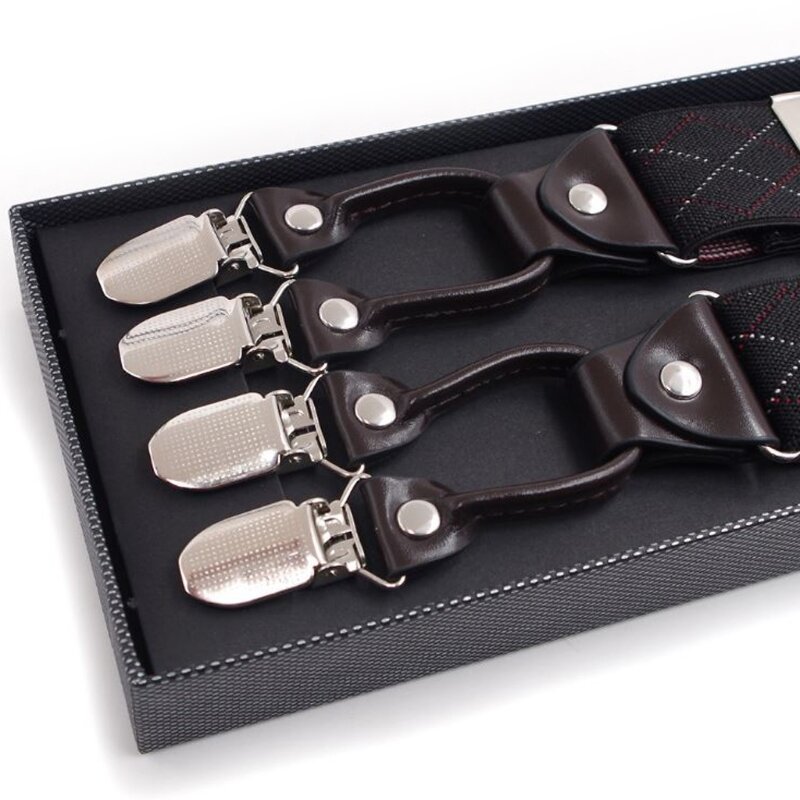 Bretelles noires à carreaux en forme de Y pour hommes, 6 Clips, antidérapantes, élastiques, réglables, nouveau, cadeau