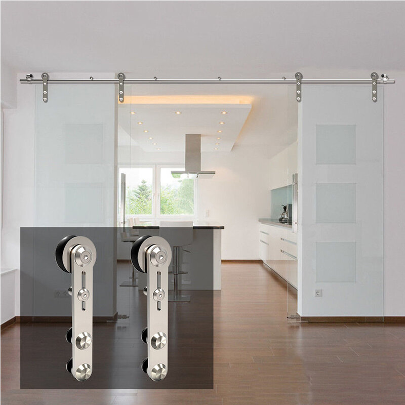 LWZH10-16FT Round -Shaped Silver Stainless Steel Puerta Corredera Wooden and Glass Sliding Door Hardware Kit for Double Door
