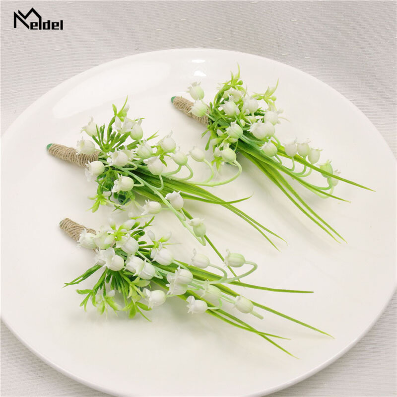 Meldel Corsage Groom Boutonniere Men Orchid Pin White Green Artificial Convallaria Flowers Lily Of The Valley Wedding Supplies