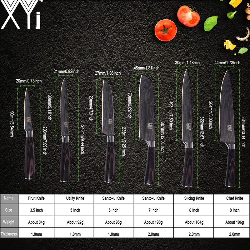 Xyj conjuntos de faca cozinha damasco padrão 7cr17 aço inoxidável faca chef slicing santoku utilitário aparar faca ferramentas de cozinha