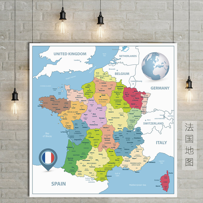 Ukuran Peta Perancis Dekorasi Dinding Poster Peta Besar Perancis 60X60Cm Tahan Air dan Tahan Air Mata