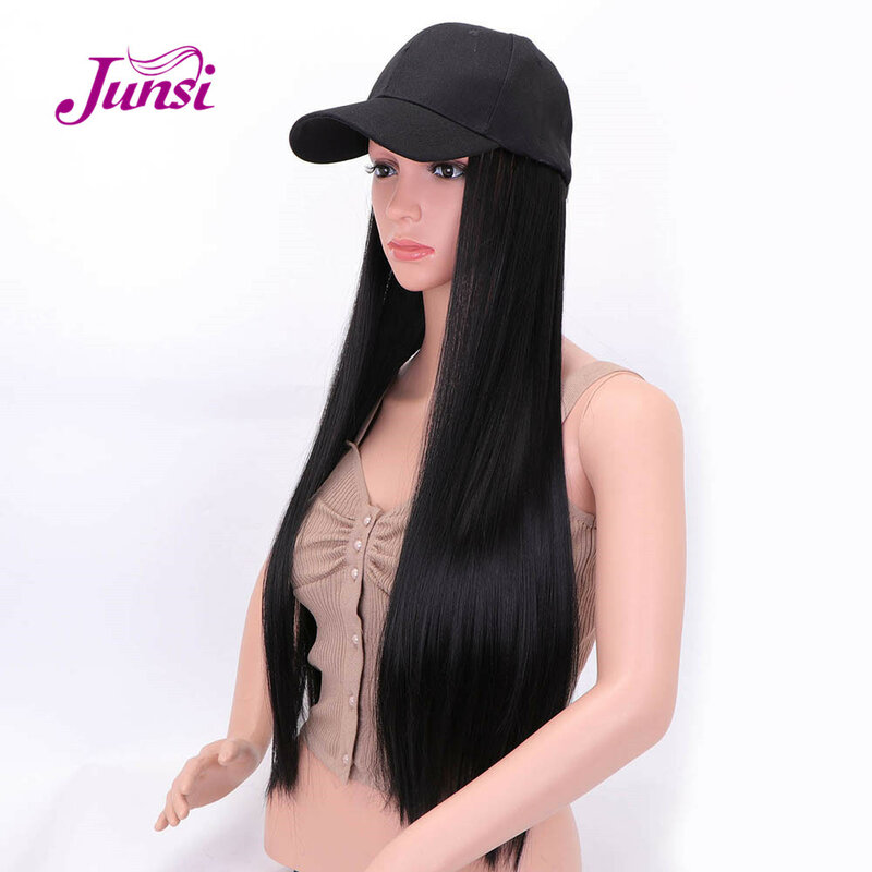 JUNSI Long Hat Wig Natural Black Straight Wigs and Hat Naturally Connect Synthetic Hat Wig Adjustable
