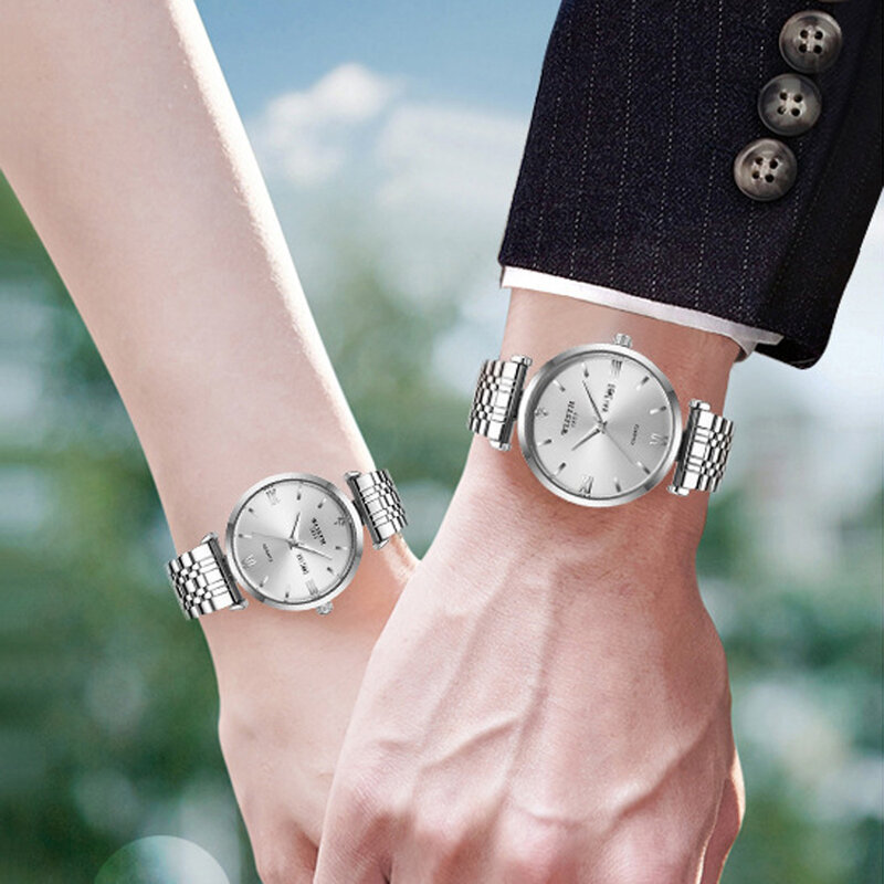 Jam tangan pasangan untuk pecinta baja hitam biru Set jam tangan kuarsa WLISTH kualitas terbaik modis bisnis pria wanita jam tangan pasangan