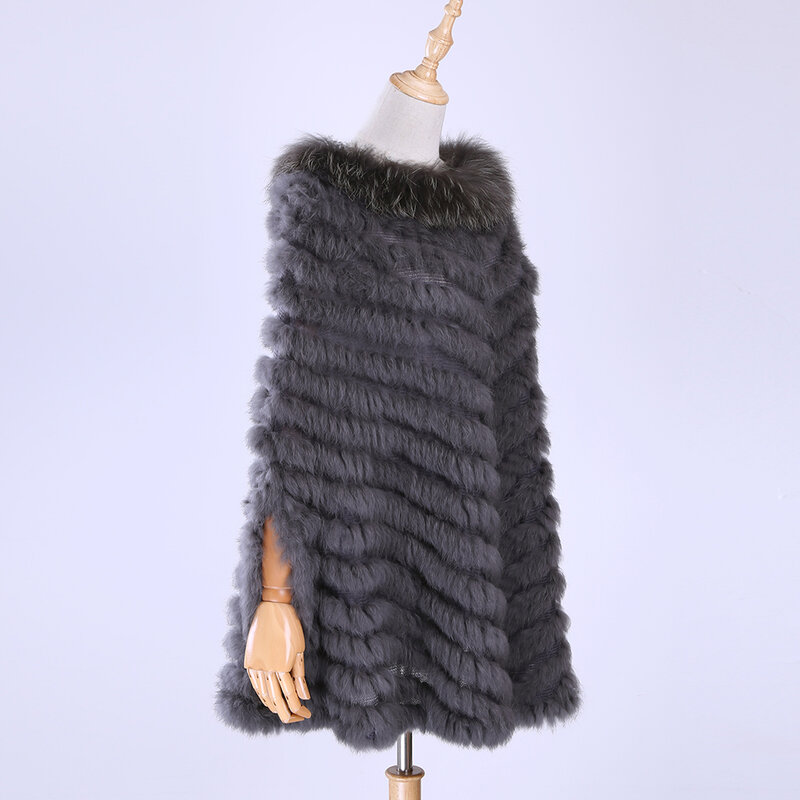 Pulover mewah wanita baru mantel bulu rakun bulu kelinci asli rajutan jubah ponco bulu asli syal rajut bulu asli mantel segitiga