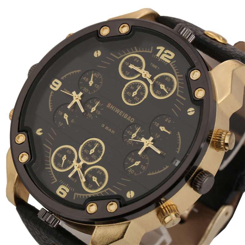 Shiweibaoクールメンズ腕時計トップブランドの高級クォーツ時計男性のための4つの時間帯軍事腕時計革relojes hombre