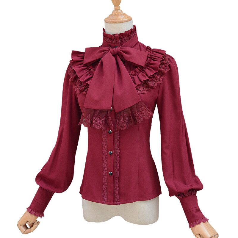 Chemises Vintage Lolita en mousseline de soie, manches longues, nœud en dentelle, à volants, doux chemisier, style gothique, col haut, printemps