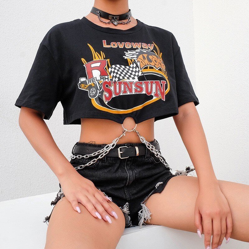Łańcuchy Streetwear przycięte T koszula kobiety drukowane bawełna czarny Dracarys T-shirt kobiety 2020 lato Rock krótkie bluzki koszulkę Femme