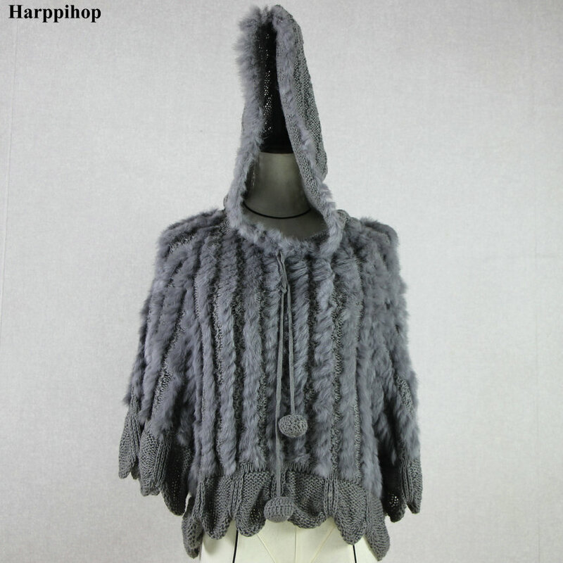 ニット固体本物のウサギの毛皮 O ネックフード付き女性や少女毛皮チョッキ上着ジャケット卸売 harppihop