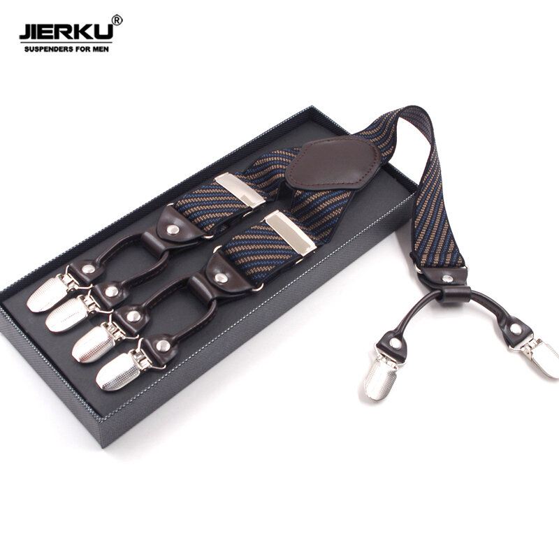 2019 JIERKU Suspenders Man's วงเล็บ 6 คลิป Suspensorio แฟชั่นความยืดหยุ่นกางเกงสายคล้องพ่อ/Husband 3.5*120 ซม. JK6C03