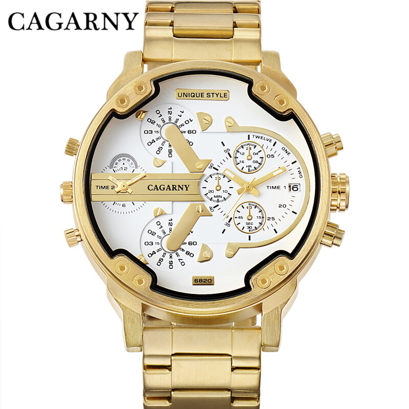 Cagarny Luxe Heren Horloges Top Brand Big Case Quartz Horloge Voor Mannen Golden Stalen Band Militaire Relogio Masculino Twee Keer klok