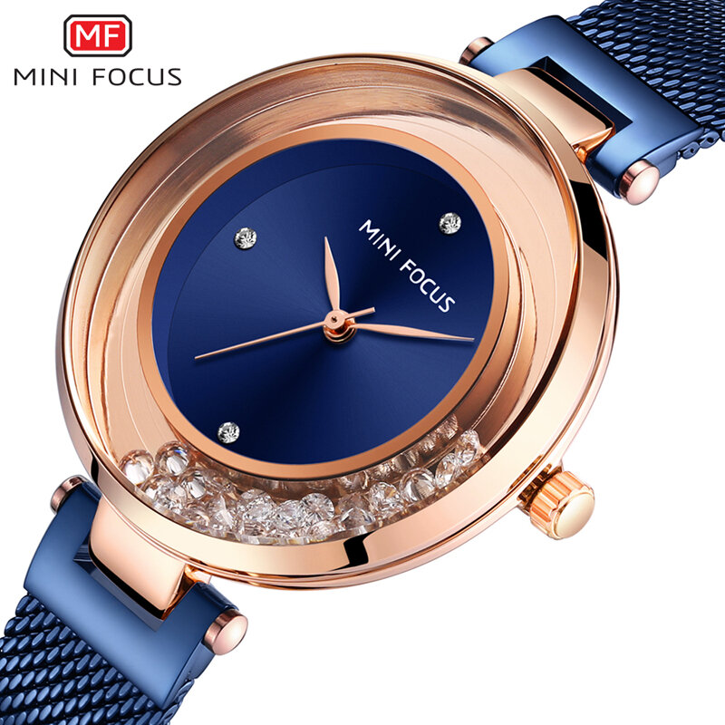 Mini focus 쿼츠 여성 시계 럭셔리 스테인레스 스틸 레이디 블루 드레스 시계 브랜드 걸스 패션 아날로그 방수 손목 시계