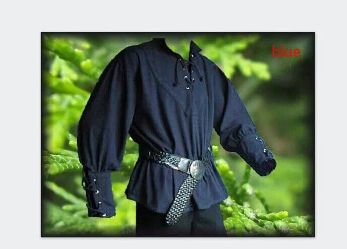 Men's Medieval Renaissance Grooms Pirate Costume, Reenactment Larp, camisa de laço, bandagem, roupa de meia idade, adulto, 3XL