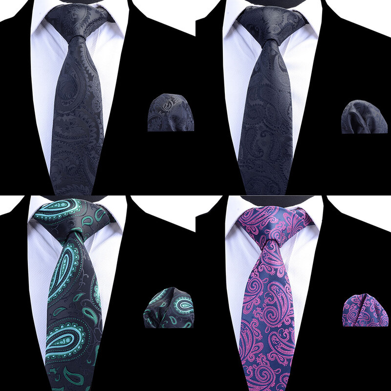 RBOCOTT Men's Tie Set Classic 8cm Necktie and Handkerchief Set Yellow Green Black Paisley Ties Pocket Square Set For Men Wedding