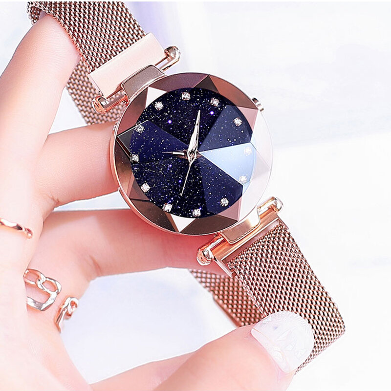 Reloj de mujer de lujo de malla magnética de acero inoxidable con diamante de moda estrellada reloj de cuarzo luminoso femenino