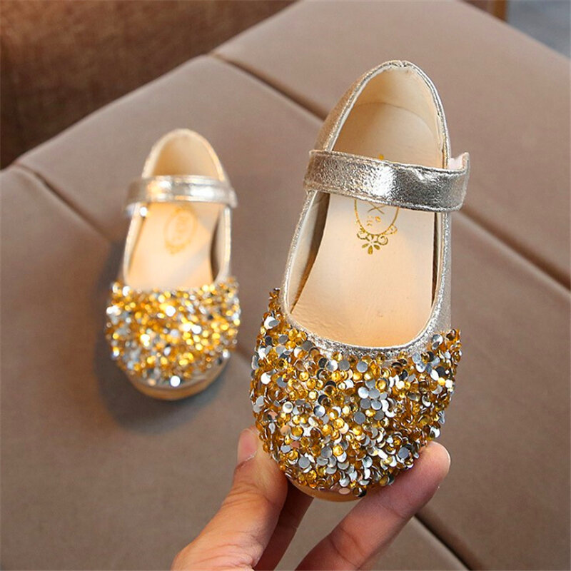 Zapatos de princesa de moda para niñas, zapatos planos de lentejuelas con diamantes de imitación brillantes, color rosa, dorado y plateado, para fiesta de boda
