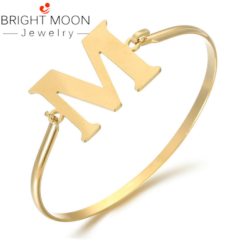 Bright Moon Trendy Cuff Letter Bracelets Bangles for Woman Gold Color Stainless Steel Bracelet with Word A Jewelry for Women