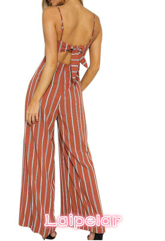 Striped Jumpsuits Playsuit Women Off Shoulder Summer Beach Sexy Strap Long Rompers Playsuits Backless Bow Overalls feminino
