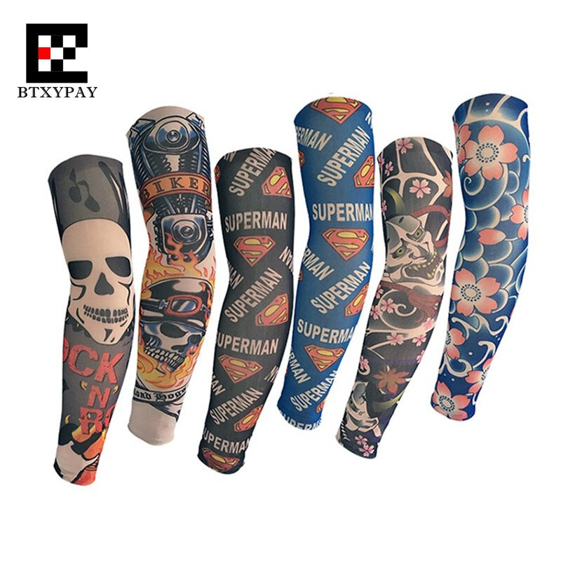 6pcs/Set Anti-UV Sunscreen Super Elastic Tattoo Arm Sleeves Warmers ,Hip-hop Rock,Fashion Cool Sporting Protection Long Gloves
