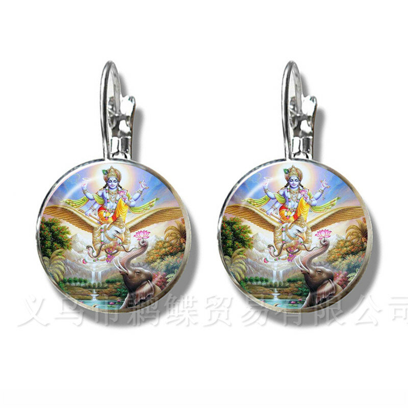 Classic India Earrings God Brahma,Vishnu, Lord Shiva Jewelry 16mm Glass Cabochon Silver Plated Stud Ear Religion Jewelry Gift