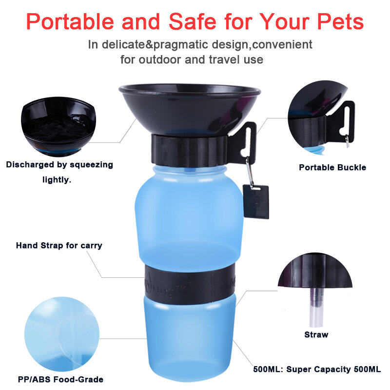 Perro beber botella de agua al aire libre mascota cachorro gato alimentador exprimidor dispensador 500ml viaje latas de agua accesorios de gato portátil