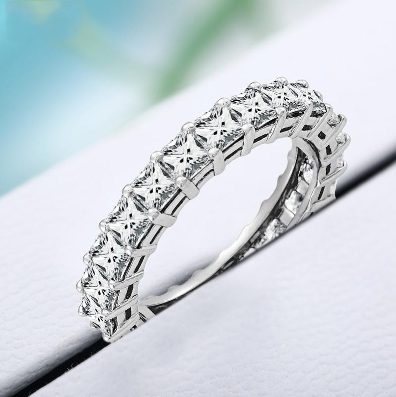 Joyería de lujo brillante para mujer, anillo de boda de Plata de Ley 925 con corte de princesa 5A, Circonia cúbica cuadrada, preceptos Eternity