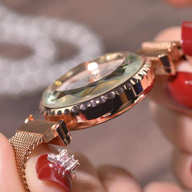 Luxury Rhinestone Watches Fashion Women Diamond Watch Ladies Rose Gold Magnet Stainless Steel Mesh Wristwatch Roman Numerals New