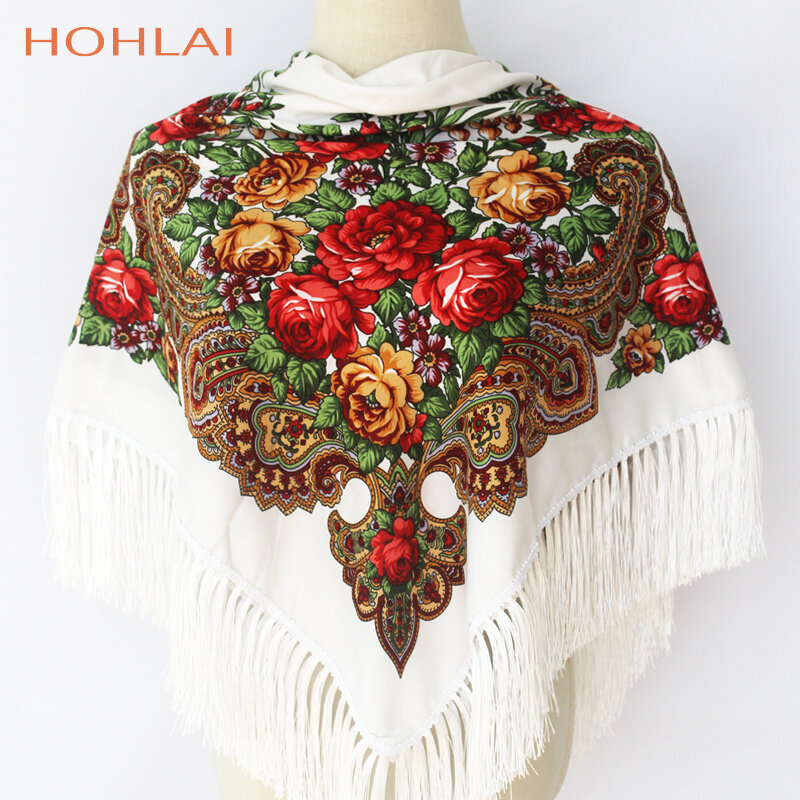 Marca de lujo de estilo Retro de algodón de impresión pañuelos oversize mantas cuadradas rusas mujeres de la boda borla bufanda chal de otoño