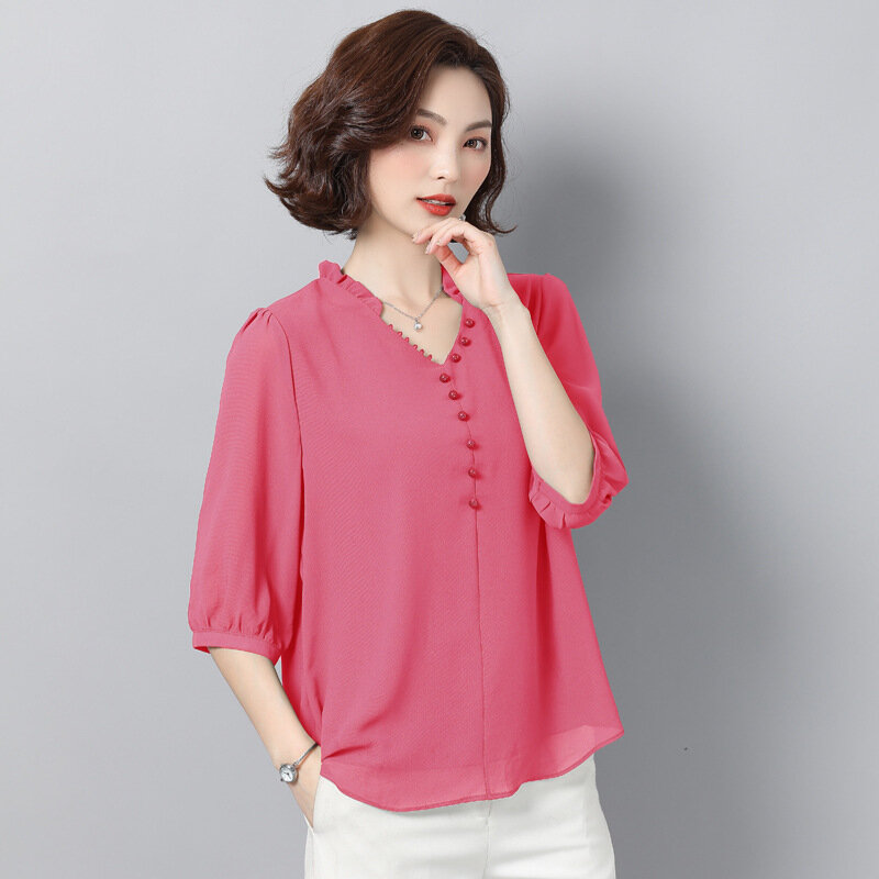 Летняя шифоновая рубашка с коротким рукавом для женщин среднего возраста, свободные блузки большого размера, однотонные рубашки с v-образным вырезом для мам, H9087