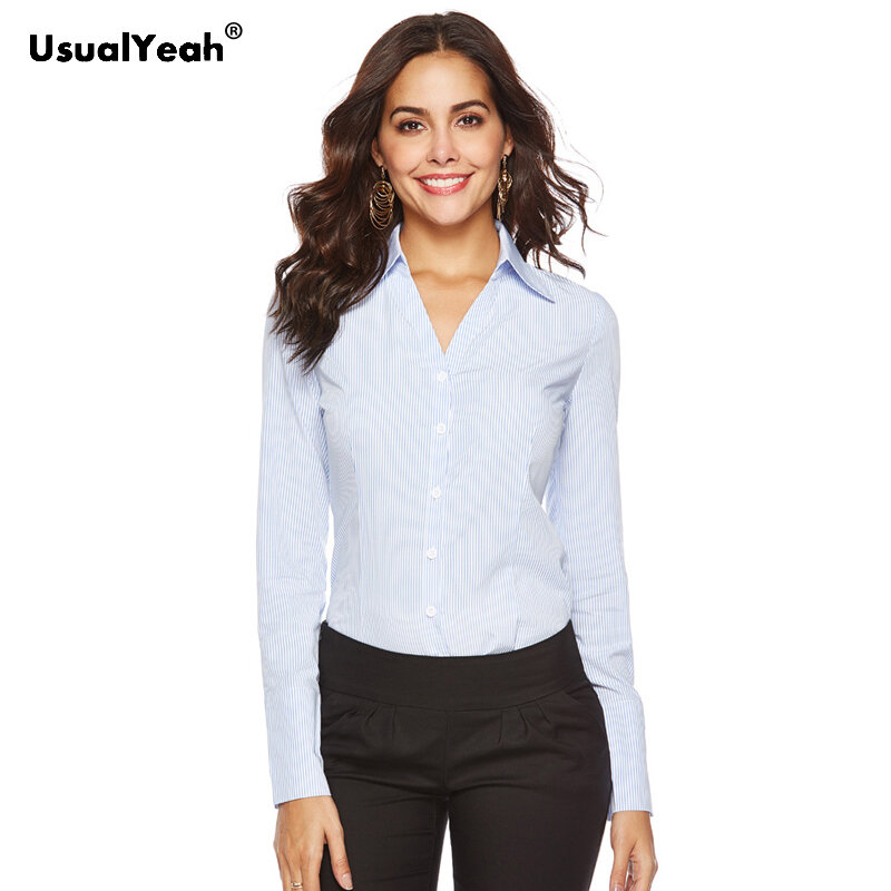 UsualYeah New Women Formal Shirts Long Sleeve Body Shirt Turn-down Collar V Neck OL Shirts and Blouses Striped white blue S-4XL