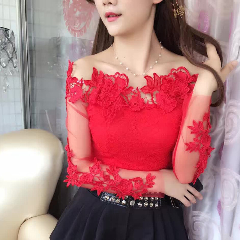 2024 Summer Fashion Lace Blouse Sexy Slash Neck one off Shoulder Shirts Ladies Office korean Tops Long sleeved autumn costumes