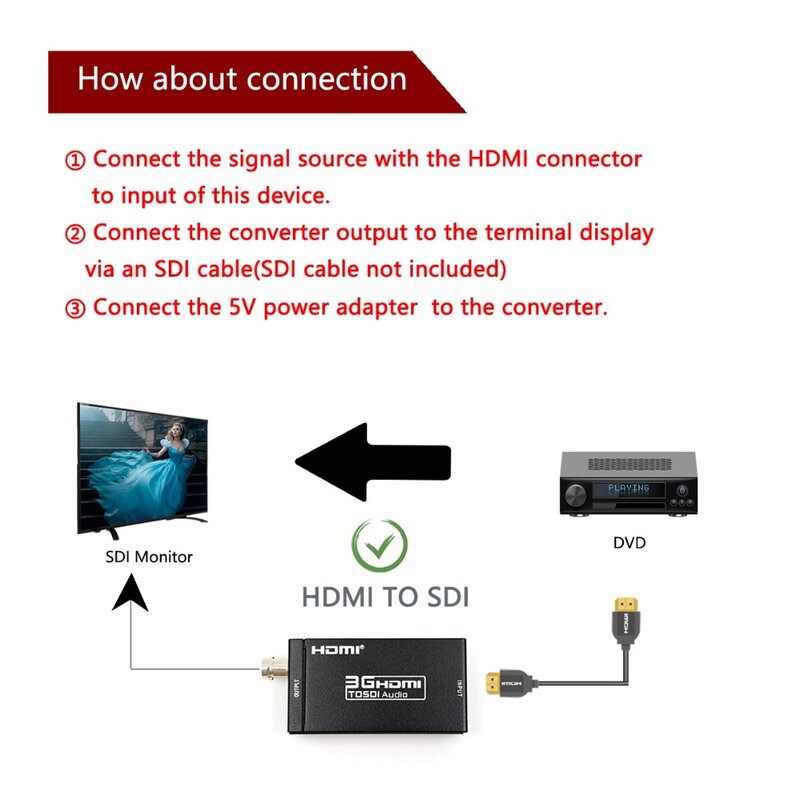 2 조각 HDMI To SDI SD-SDI HD-SDI EU 또는 UK 또는 US 또는 AU 전원 어댑터가있는 3G-SDI HD 비디오 컨버터