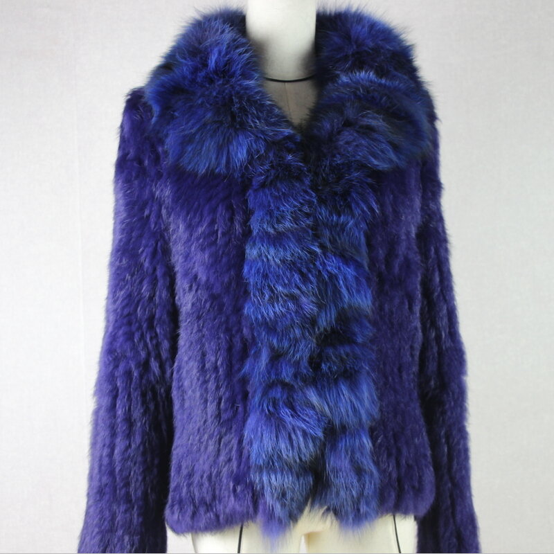 Abrigo de punto de piel de conejo real para mujer, chaqueta con cuello de piel de zorro, abrigo grueso y cálido de piel auténtica para invierno C17