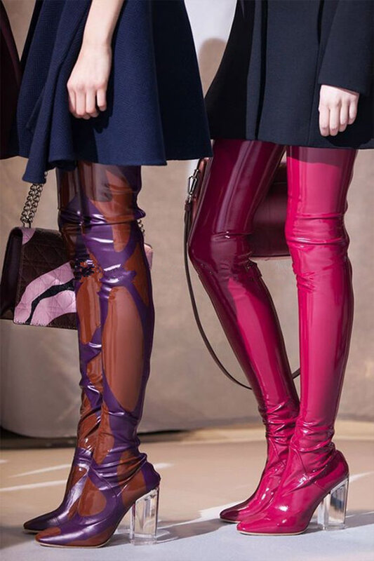 Botas altas hasta el muslo para mujer, zapatos por encima de la rodilla de tacón transparente, color rojo, azul, negro, talla 35-42