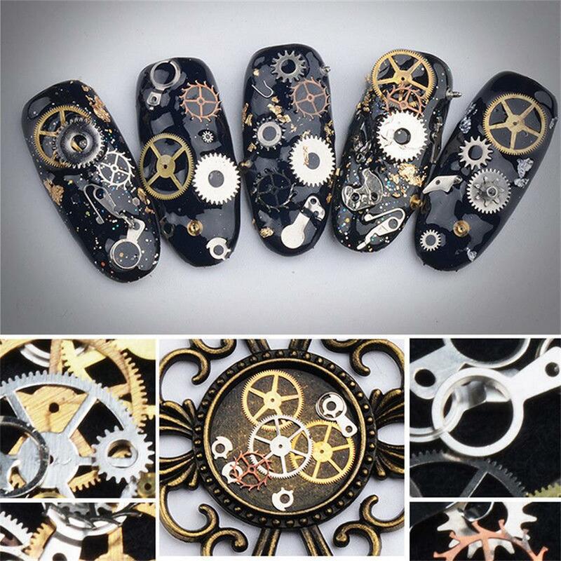 1 caixa 3d diy oco metálico prego lantejoulas steampunk componente mecânico engrenagem roda manicure arte do prego decoração dicas acessórios