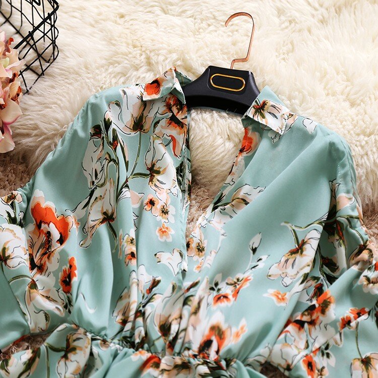 Женская шифоновая рубашка с цветочным принтом, V-образным вырезом и оборками, блузка с рукавами-фонариками и цветочным принтом на шнуровке, Новинка лета 2024