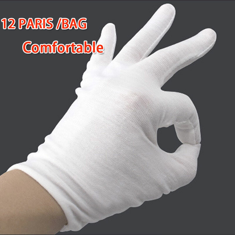 Guantes de inspección de calidad Wenwan de etiqueta fina de tela de algodón blanco, 24 piezas/12 pares
