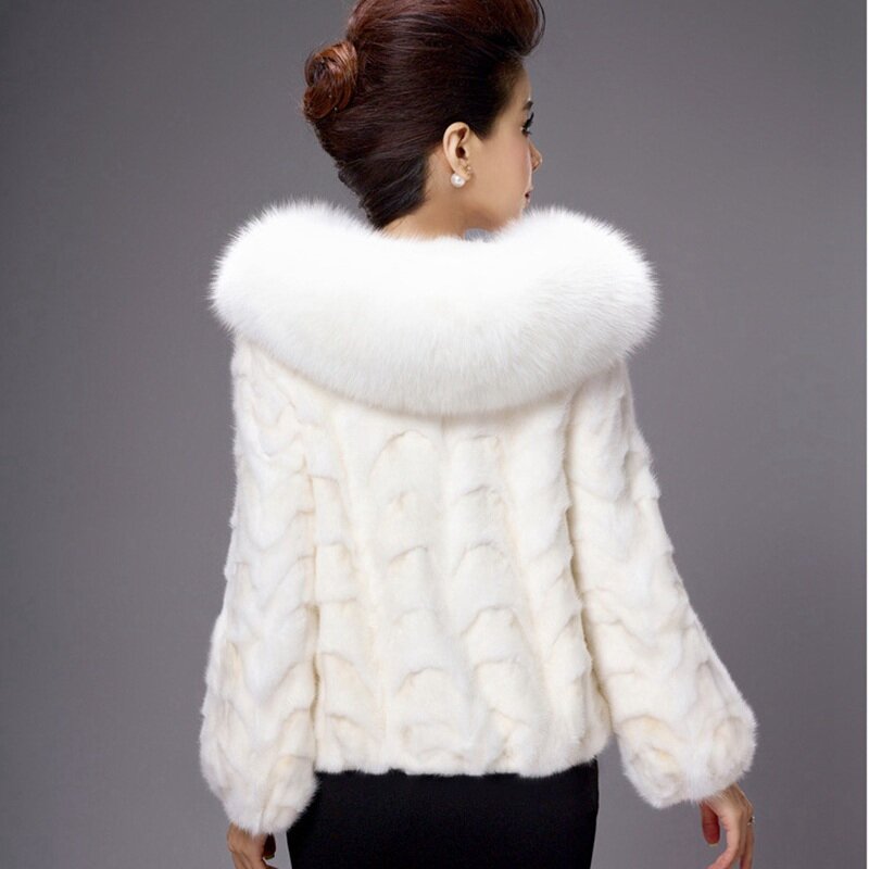Luxury Winter Women's Natural Piece Mink Fur Coat Fox Fur Collar Lady Warm Overcoat Outerwear Coats VF5013