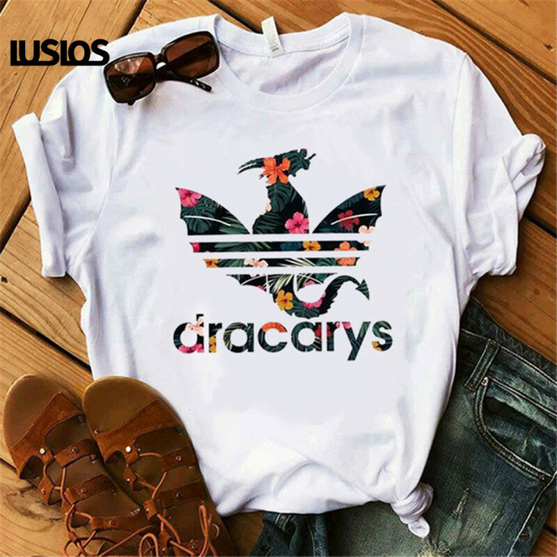 Dracarys gra o tron kobieta T koszula kobiety lato 2019 nadruk ze smokiem Tshirt biały Casual Plus rozmiar Streetwear modne t-shirty