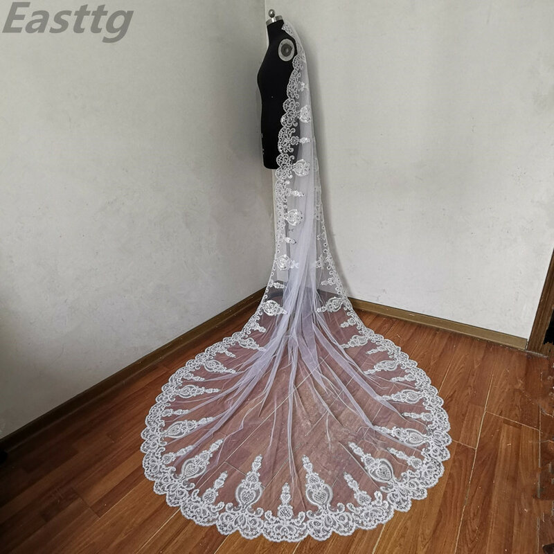 Velo de novia de cristal brillante, accesorio de encaje, peine de Metal, color blanco marfil, imagen Real, 3,5 m