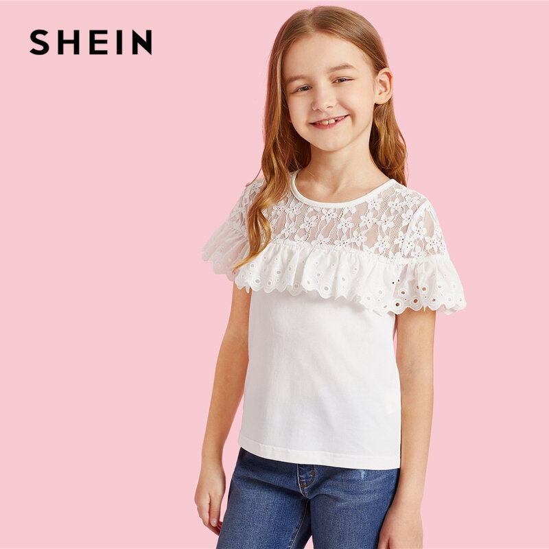 SHEIN/Детская милая блузка для девочек с кружевной кокеткой, вышивкой и рюшами, 2019 г. Летние повседневные топы с короткими рукавами